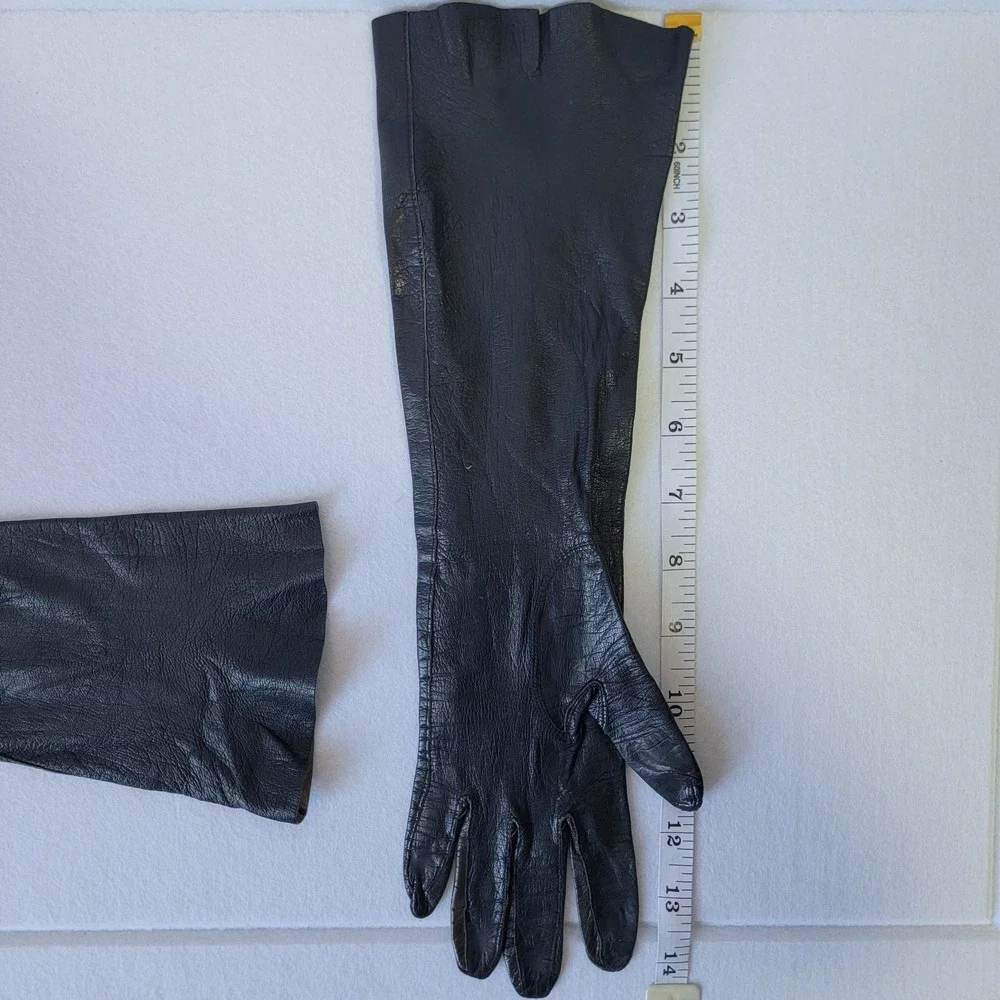 Vtg Ladies Long Opera Kislav Kid Leather Black Gloves Sz 6 1/2